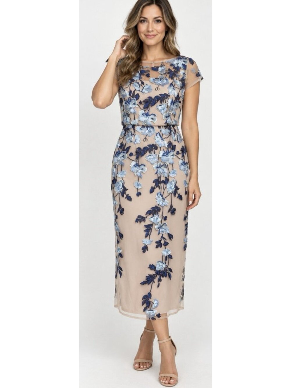 Adrianna Papell Midi Dress Size 12 Blue Floral Embroidered Cocktail Short Sleeve